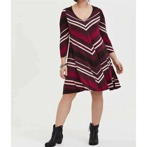 Torrid Women's Stripe Jersey Mini Trapeze Dress V Neck Burgundy Plus Sz 0 Rayon